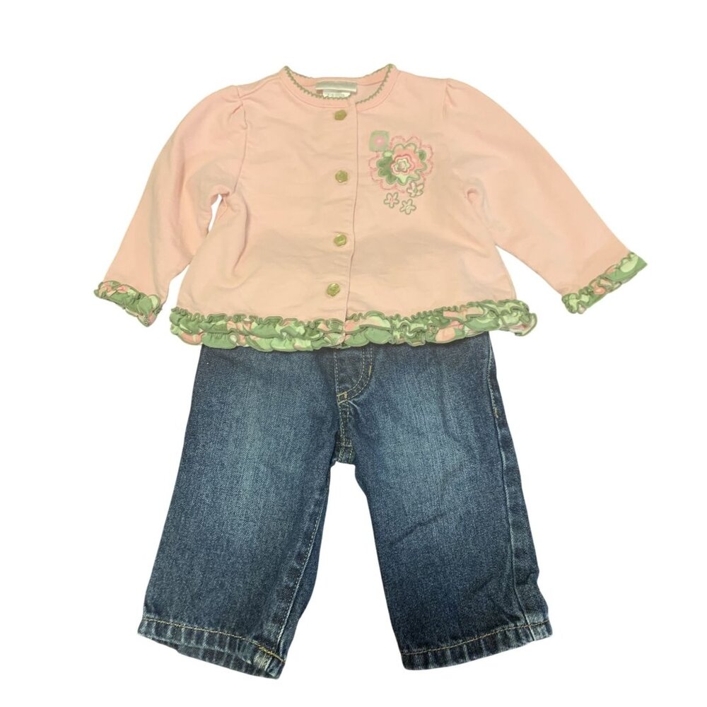 Baby Works 6-9M Pink Floral Embroidered Top & 1989 Place Denim Jeans Set